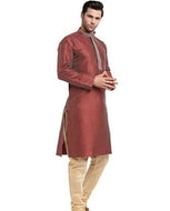 Men's Stylish Silk Stripe Kurta Churidar Set In Maroon Color