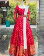 Gleaming Red Colored Partywear Woven Soft Silk Gown With Dupatta