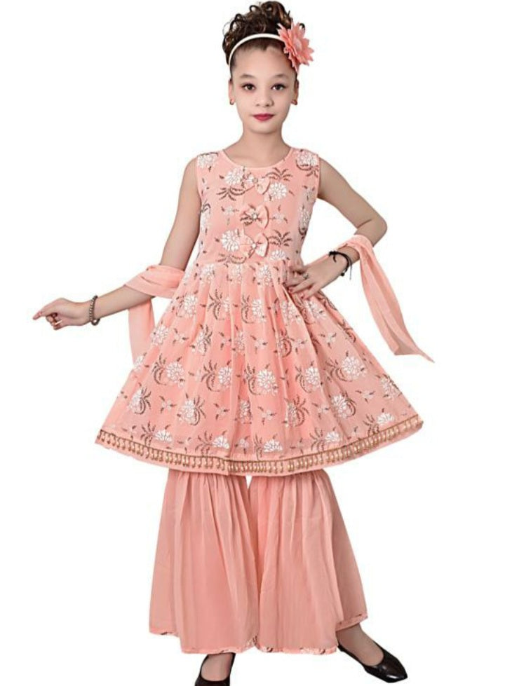 Ethnic Purple Floral Printed Anarkali, Sharara & Dupatta Set For Girls, Best Selling Ethnic Kids Wear Sharara Set