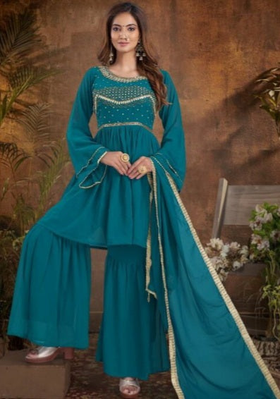 Beautiful Georgette Kurta Set With Full Of Handwork Choli Fully Stitched Ready To Wear T Blue Colour