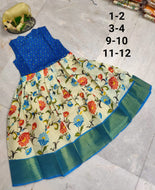 Soft linen silk with floral print & benarasi jacard combination collor neck frocks.